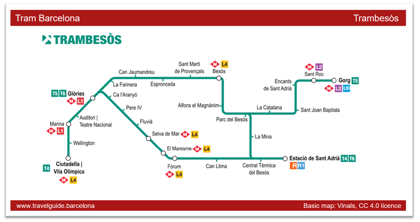 Trambesos Tram Route map Barcelona